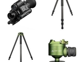 Collage of night vision optic device two carbon fiber tripods and green tripod head on white background.