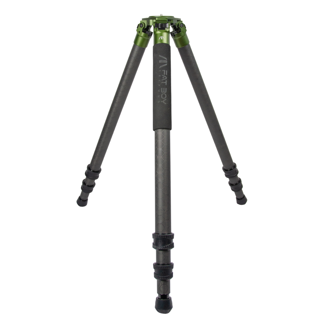 Carbon fiber tripod with green hardware and FatBoy branding standing on three extended legs.