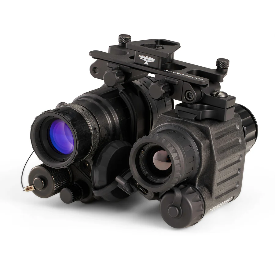 Night vision goggles with dual lenses and mounting hardware on a white background.