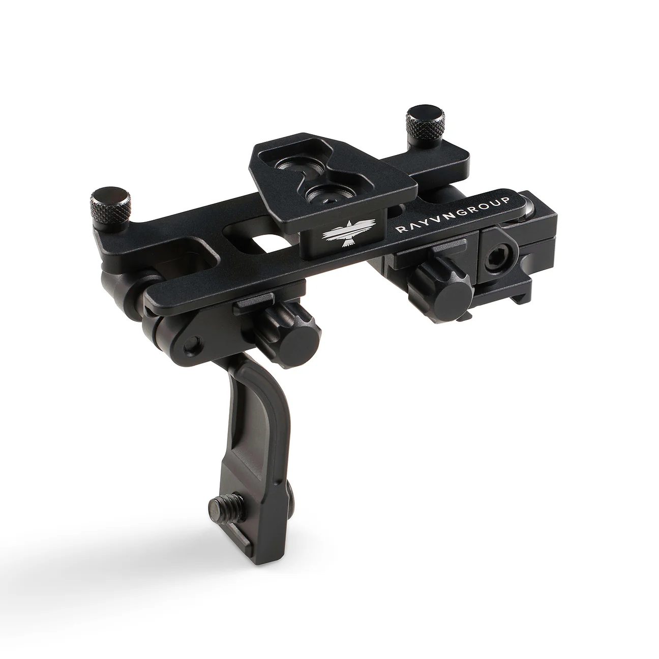 Black metal night vision mounting bracket with adjustment knobs on white background.