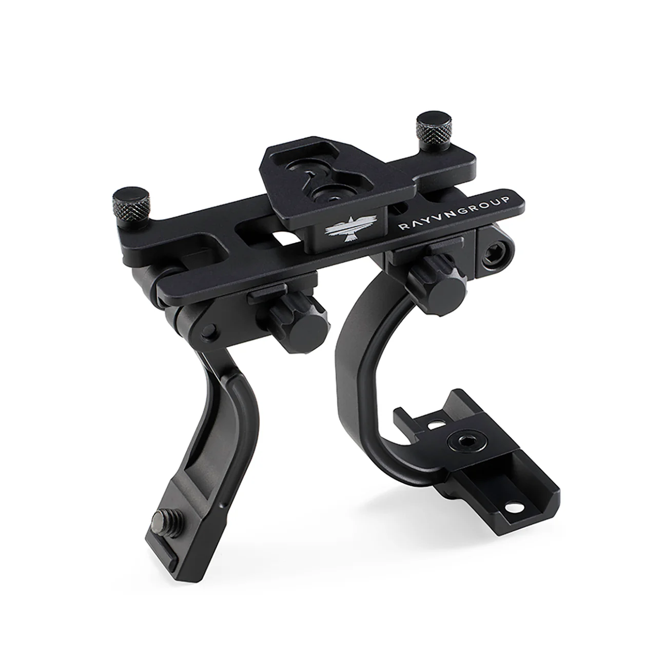 Black metal night vision mount with adjustment knobs and Rayvn Group branding.