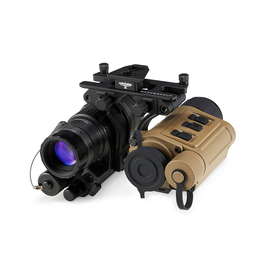 Night vision device with black and tan components on a white background.