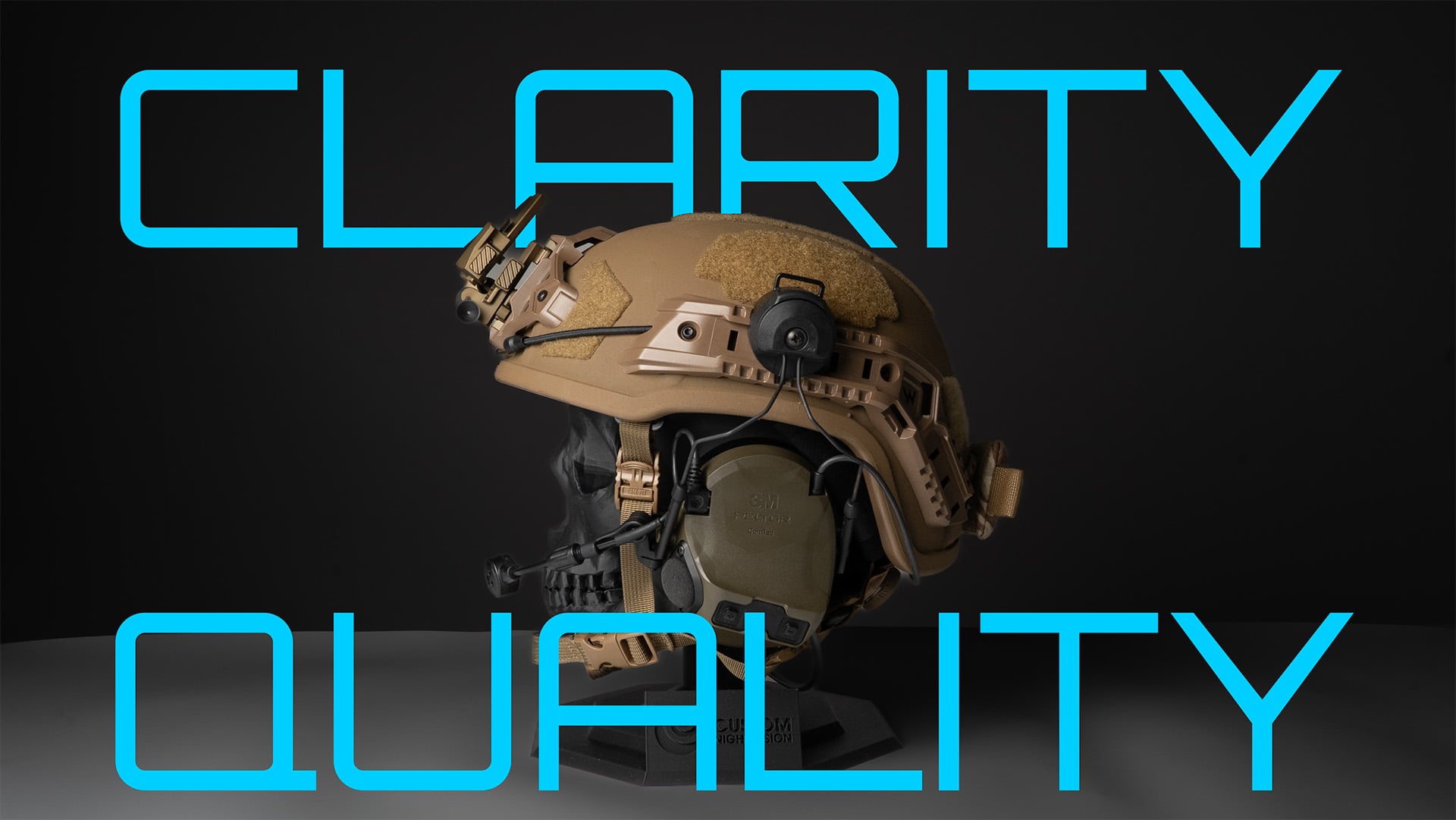 Tactical helmet with communications headset on a mannequin with 'CLARITY' and 'QUALITY' text overlay.