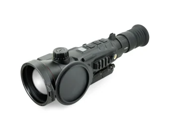 Night vision scope with lens cover control buttons and rubber eyepiece on white background.