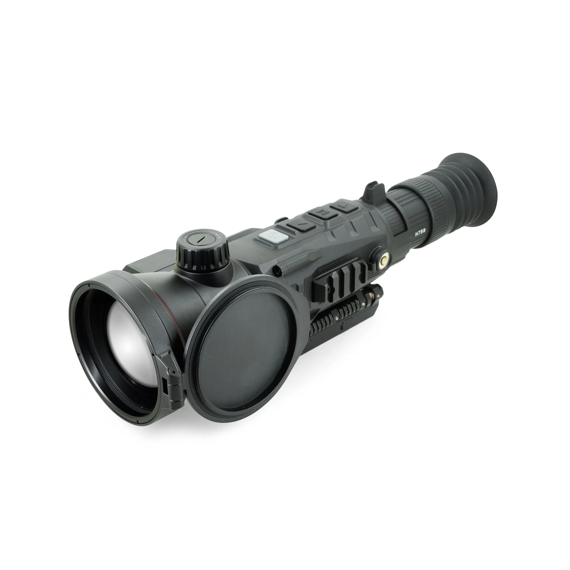 Night vision scope with lens cover control buttons and rubber eyepiece on white background.