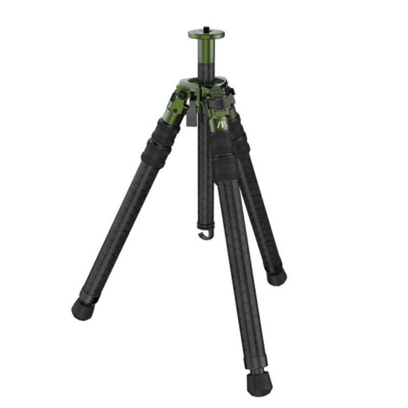 Black and green camera tripod with adjustable legs on a white background.