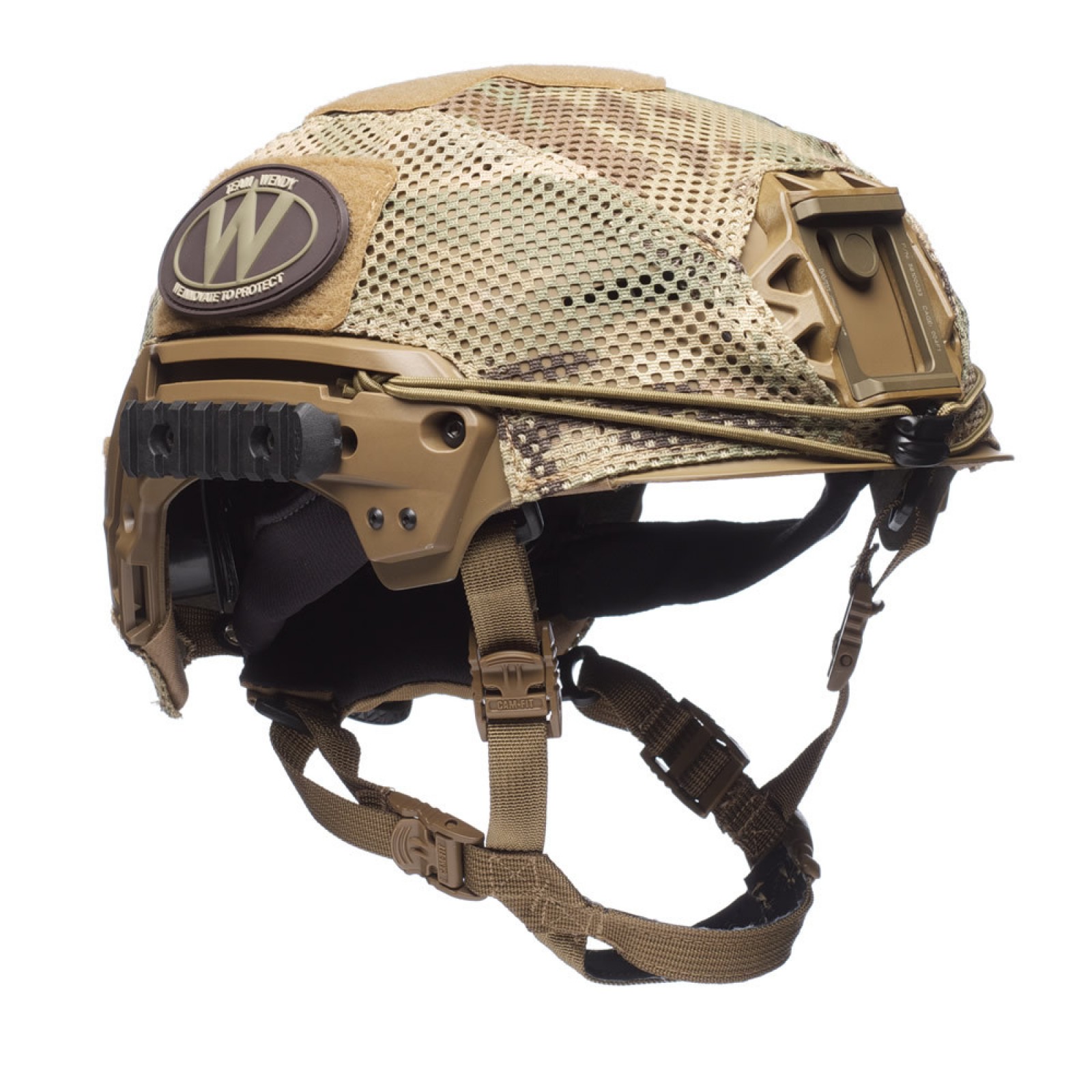 Tactical camouflage helmet with mesh cover and side rail mount shown from the side.