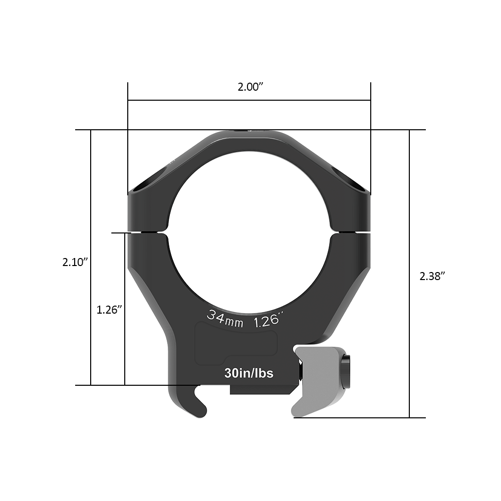 Technical diagram of a 34mm scope ring with annotated measurements.