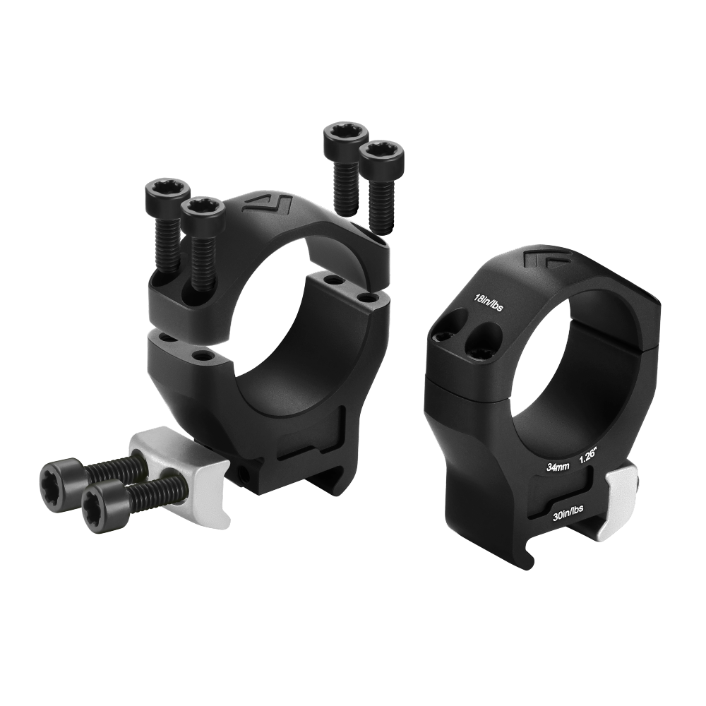 Two black scope rings with mounting screws on a white background.
