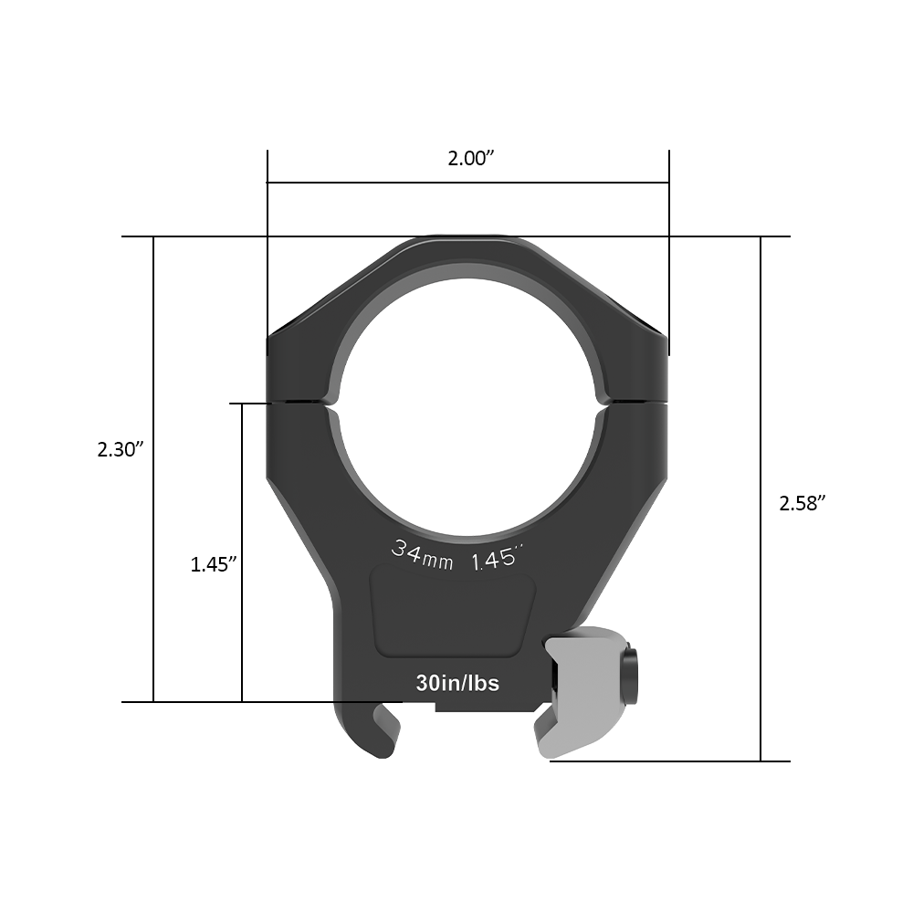 Technical diagram of a 34mm scope mount ring with measurements and torque specification.
