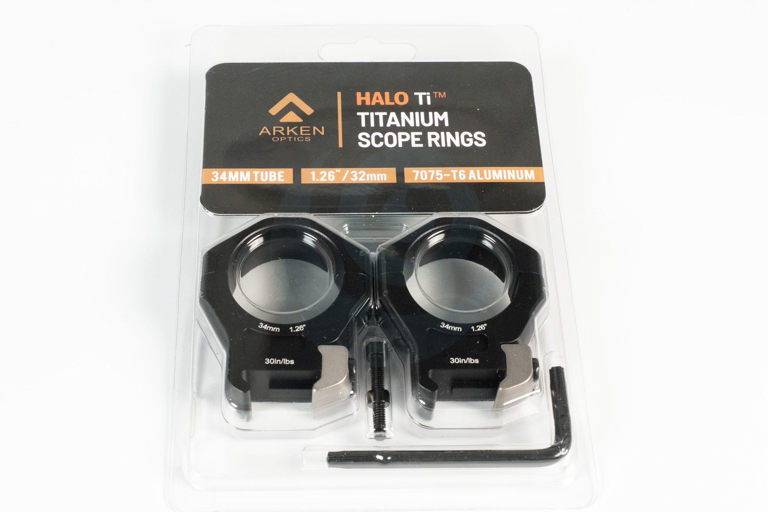 Arken Optics Halo Ti titanium scope rings in retail packaging with tools included.
