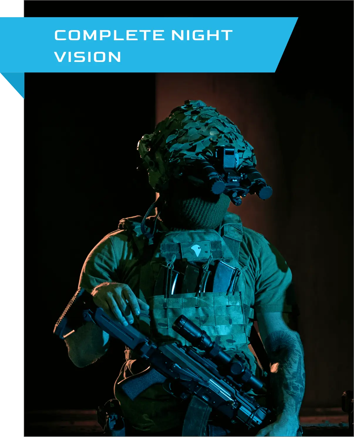 Person in tactical gear wearing night vision goggles and holding a rifle under blue lighting.