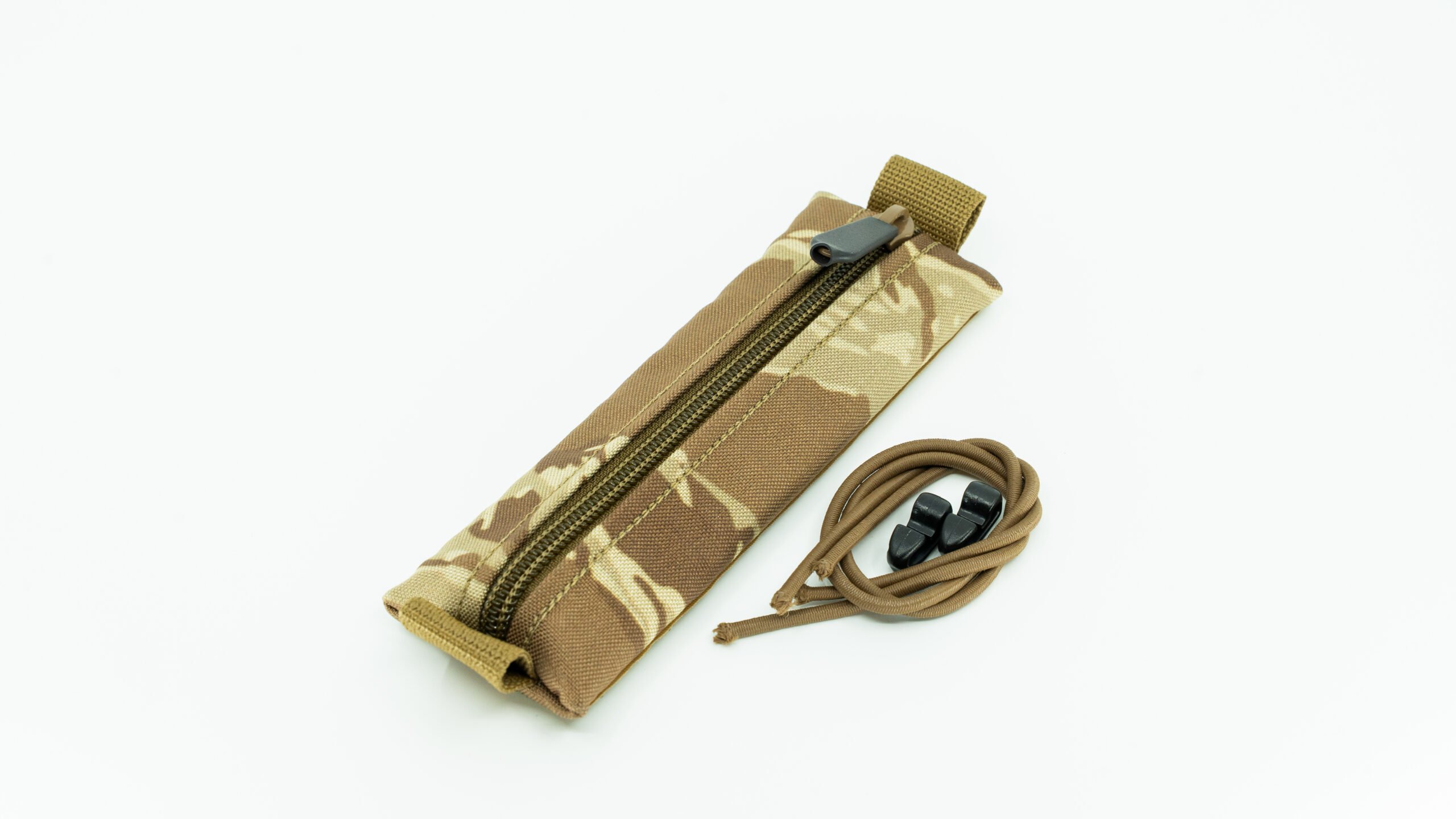 Camouflage zippered pouch and brown cord with black clips on white background.